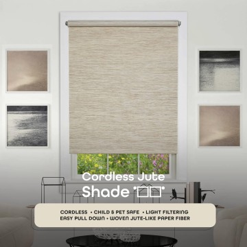 Cordless Privacy Jute Window Roller Shade - 73 Inch Width, 72 Inch Length - Natural - Light Filtering Woven Natural Fiber Horizontal Windows Blinds by Achim Home Decor