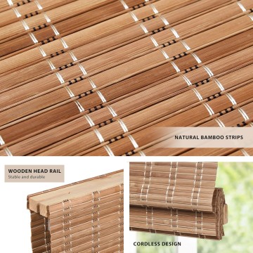 No Tools No Drill Cordless Bamboo Roman Shades, Light Filtering Window Treatment, Roll Up Bamboo Blinds for Window, Brown