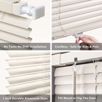 No Tools-No Drill 1" Aluminum Mini Blinds, Cordless Blinds for Windows, Light Filtering Horizontal Blinds and Shades for Window, Cream