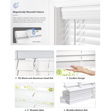 2" Real Wood Blinds, White Wood Blinds, Cordless Room Darkening Blinds for Windows - Actual Blinds Size: 20 3/4'' W x 60'' H, Basswood - White