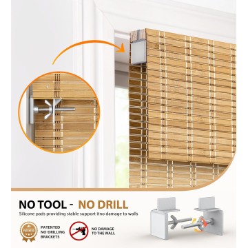 No Tools No Drill Bamboo Roller Shades, Cordless Bamboo Blinds, Light Filtering Bamboo Roll Up Blinds for Windows, Wood Window Blinds - Actual Blinds Size: 25 1/5'' W x 72'' H, Brown206